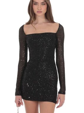 LUCY IN THE SKY Sequin Long Sleeve Dress in Black